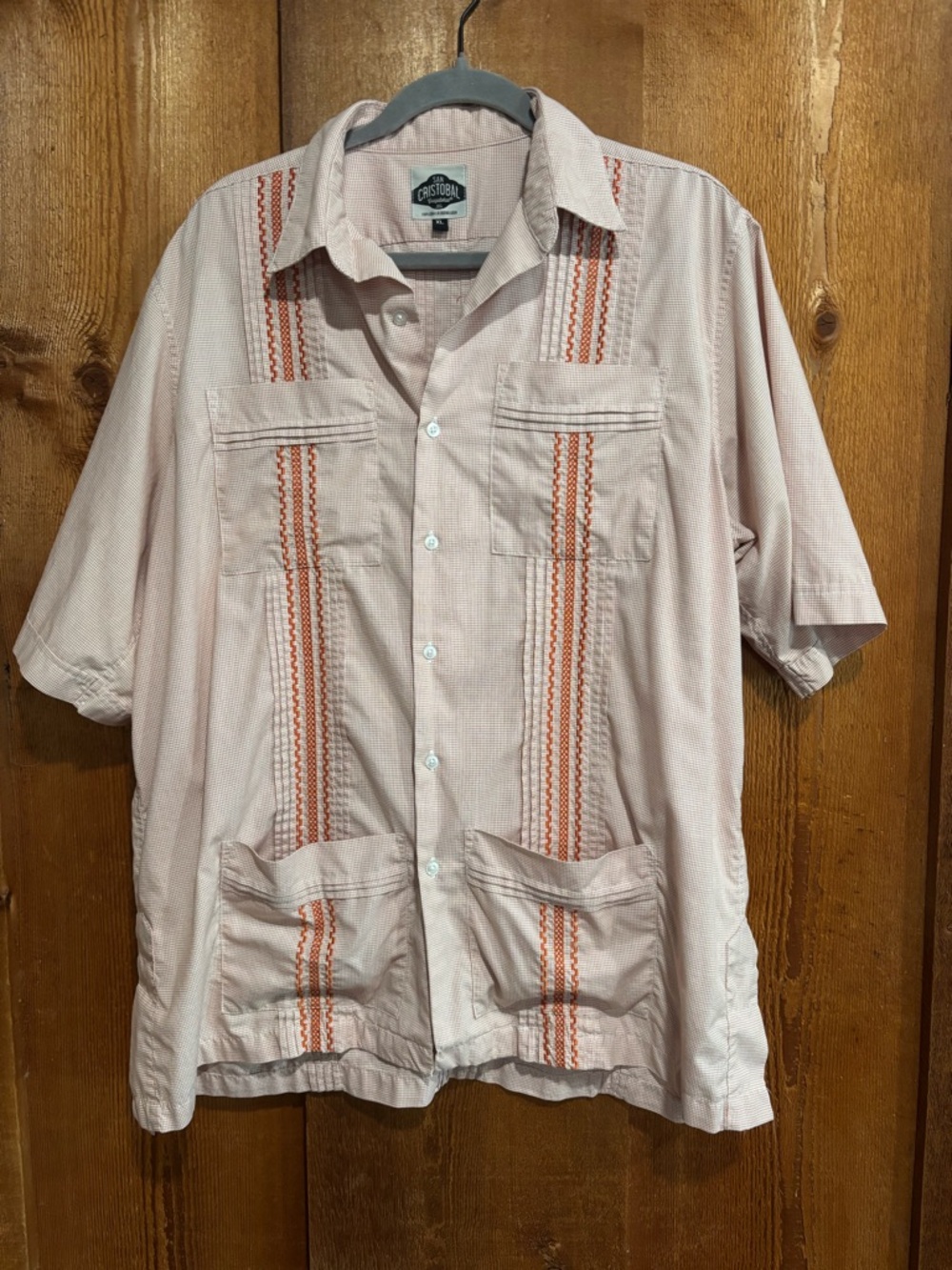 San Cristobal Guayabera Shirt XL Orange White Plaid Embroidered Short Sleeve